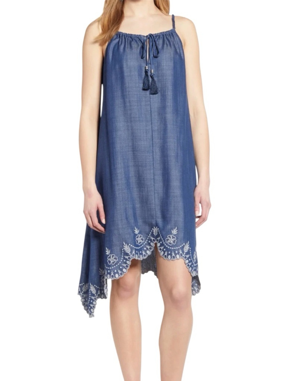 Tommy Bahama Blue Embroidered Peak Hem Chambray Tassel Relaxed Dress